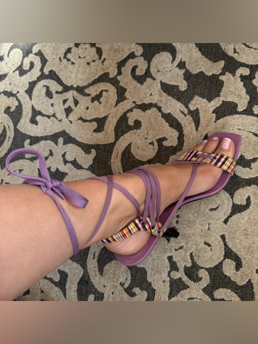 Vintage DSP purple plaid lace up strap, heeled sandals